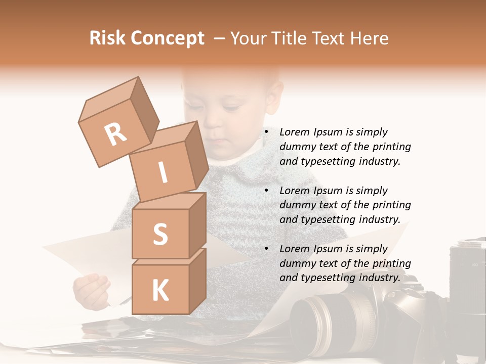 A Baby Reading A Book Next To A Camera PowerPoint Template