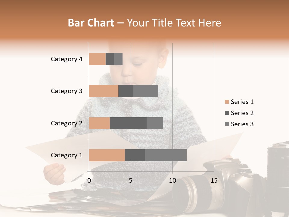 A Baby Reading A Book Next To A Camera PowerPoint Template