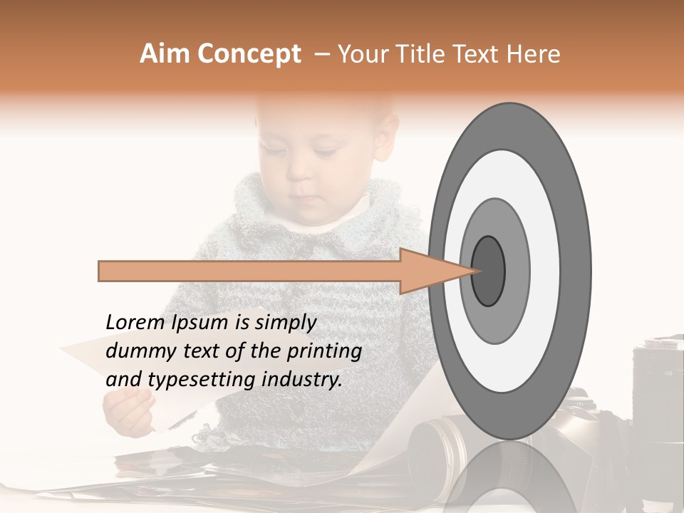 A Baby Reading A Book Next To A Camera PowerPoint Template