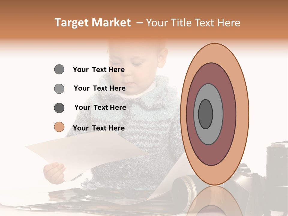 A Baby Reading A Book Next To A Camera PowerPoint Template