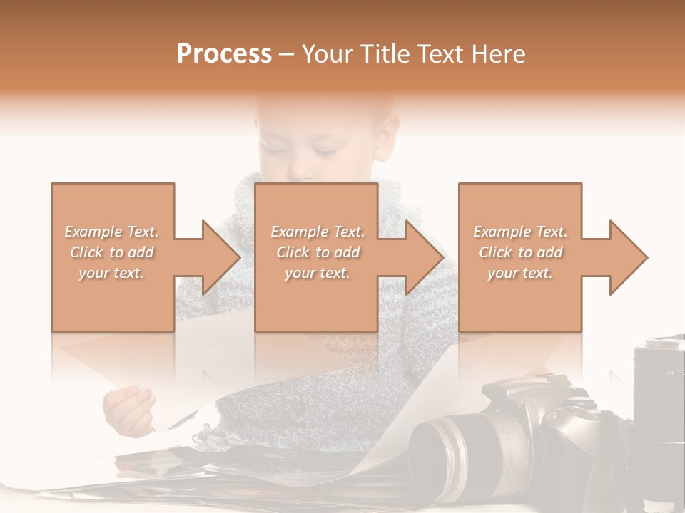 A Baby Reading A Book Next To A Camera PowerPoint Template