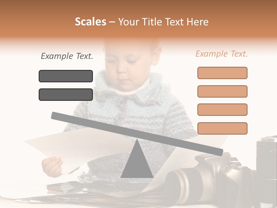 A Baby Reading A Book Next To A Camera PowerPoint Template