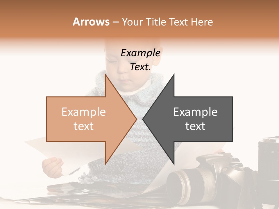 A Baby Reading A Book Next To A Camera PowerPoint Template