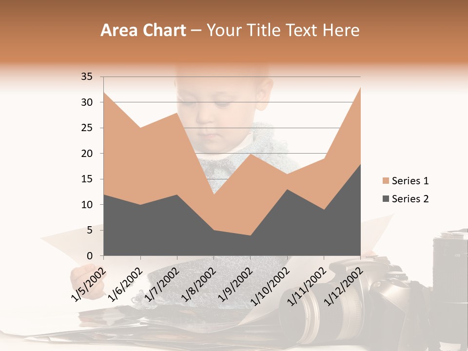 A Baby Reading A Book Next To A Camera PowerPoint Template