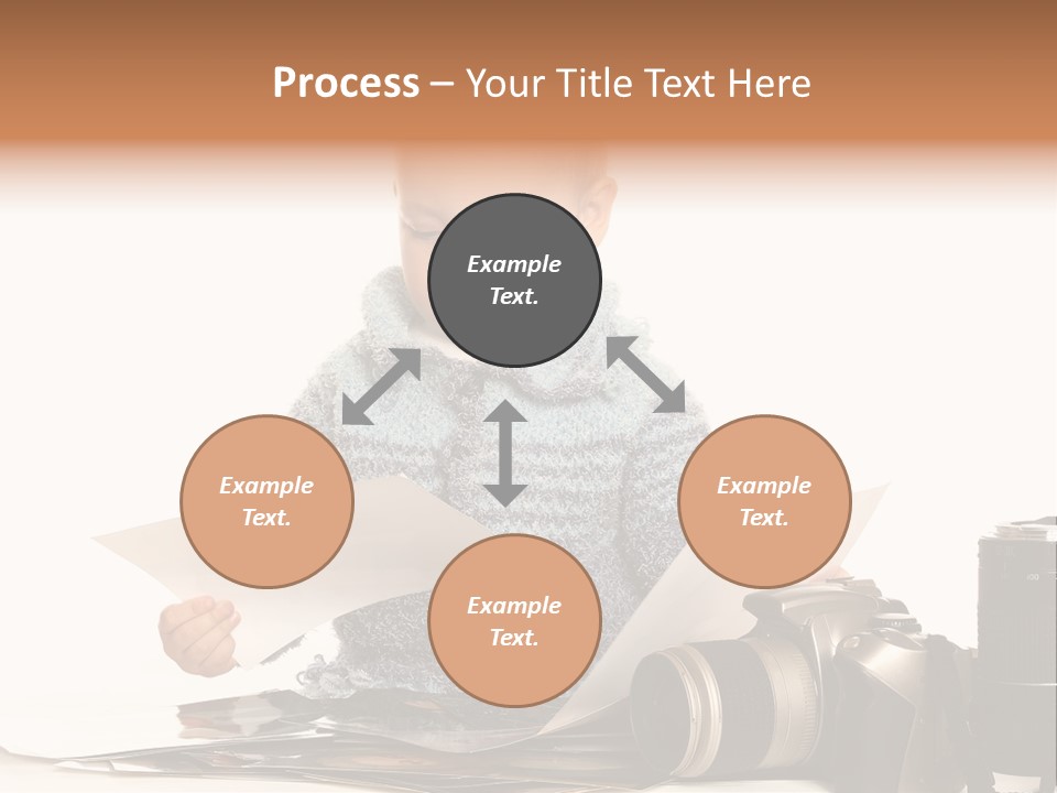 A Baby Reading A Book Next To A Camera PowerPoint Template