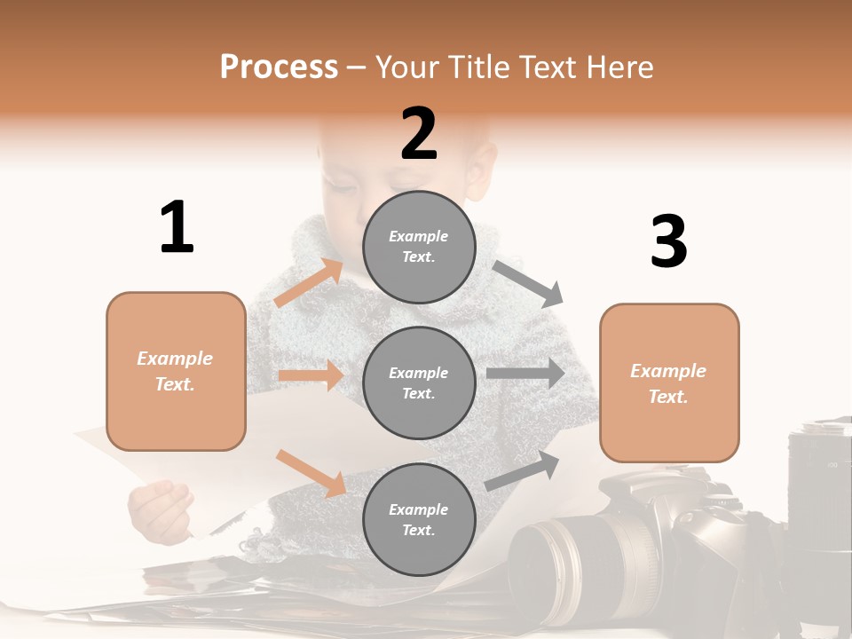 A Baby Reading A Book Next To A Camera PowerPoint Template