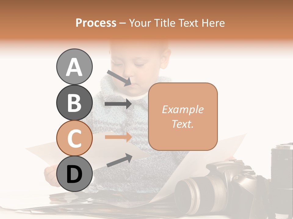 A Baby Reading A Book Next To A Camera PowerPoint Template