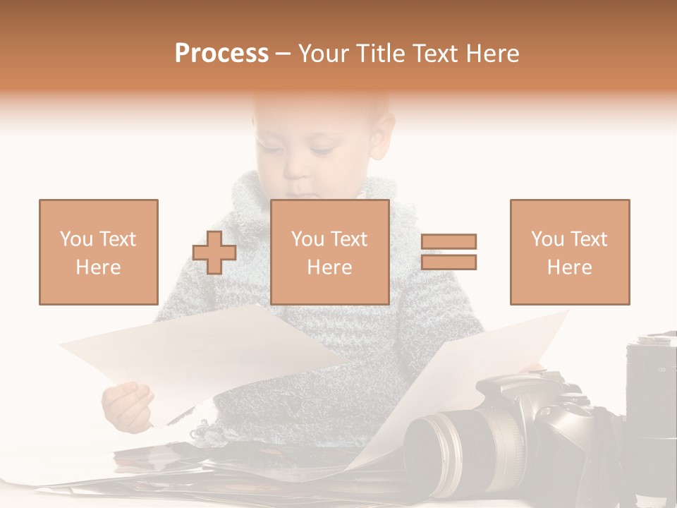 A Baby Reading A Book Next To A Camera PowerPoint Template