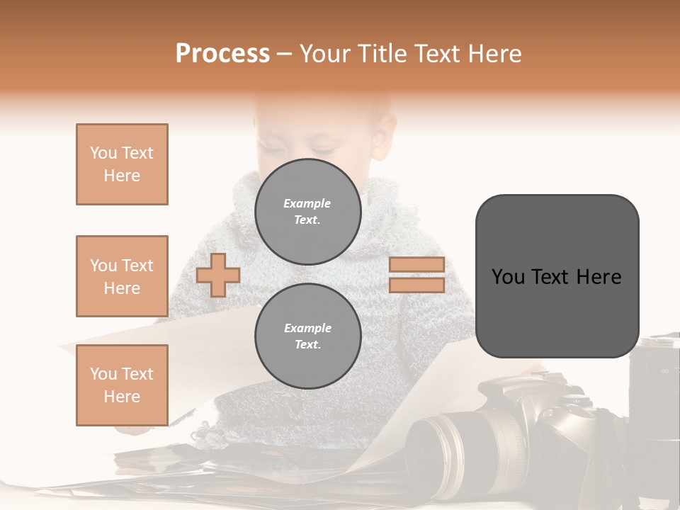 A Baby Reading A Book Next To A Camera PowerPoint Template