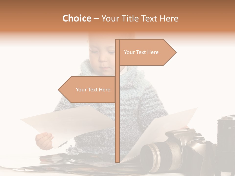 A Baby Reading A Book Next To A Camera PowerPoint Template