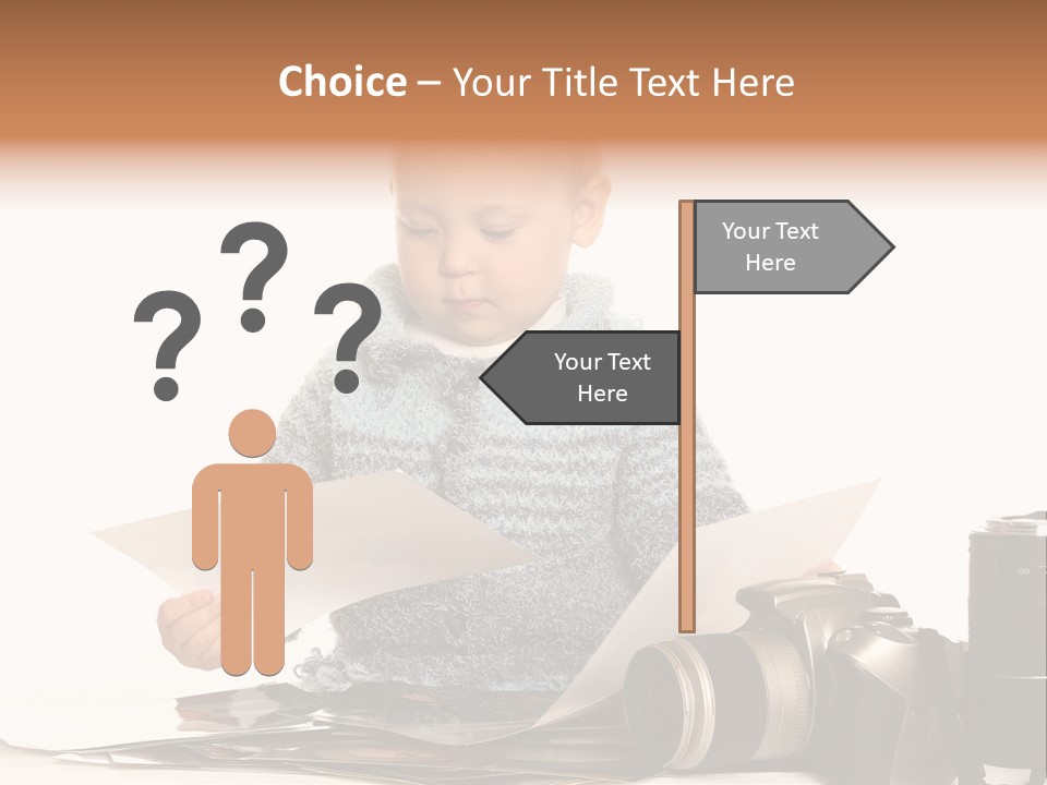 A Baby Reading A Book Next To A Camera PowerPoint Template