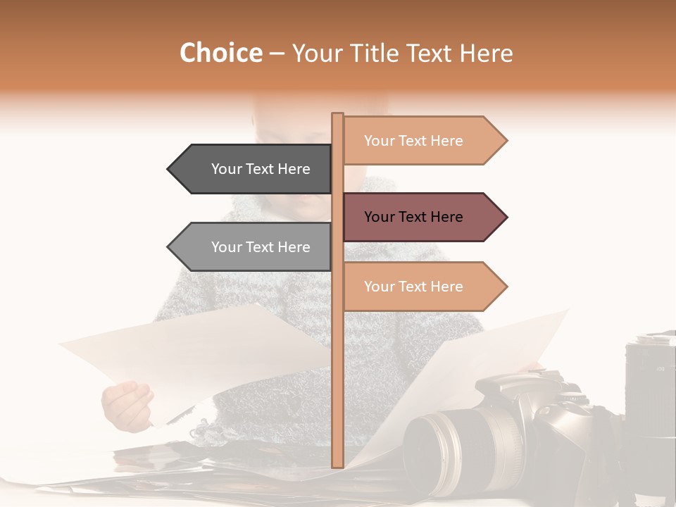 A Baby Reading A Book Next To A Camera PowerPoint Template
