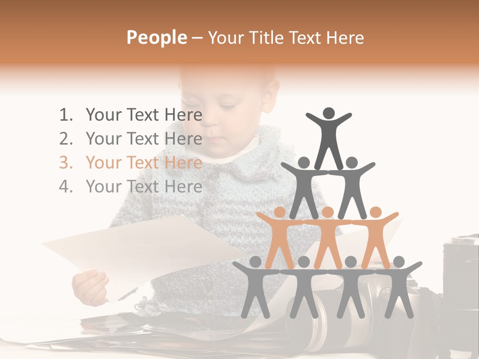 A Baby Reading A Book Next To A Camera PowerPoint Template