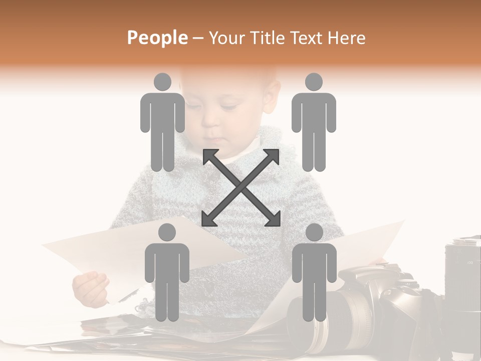 A Baby Reading A Book Next To A Camera PowerPoint Template