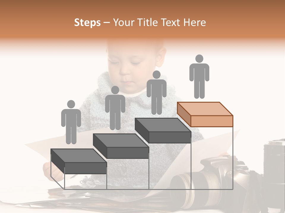 A Baby Reading A Book Next To A Camera PowerPoint Template