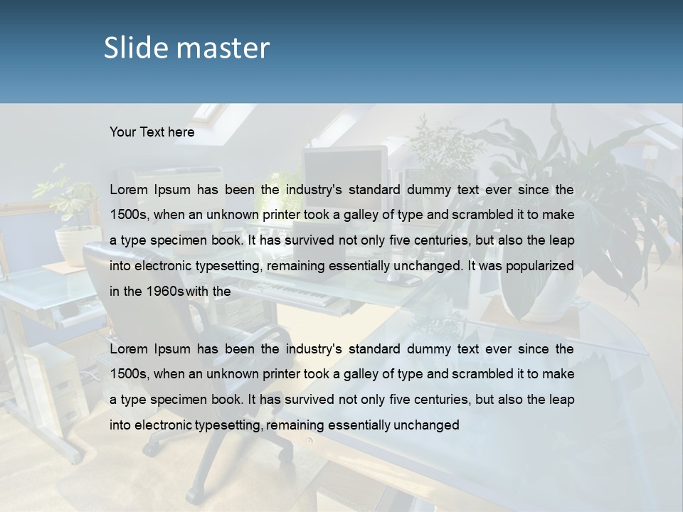 A Desk With A Chair And A Computer On It PowerPoint Template