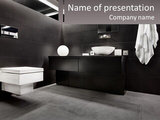 A Black And White Bathroom With A Toilet And Sink PowerPoint Template