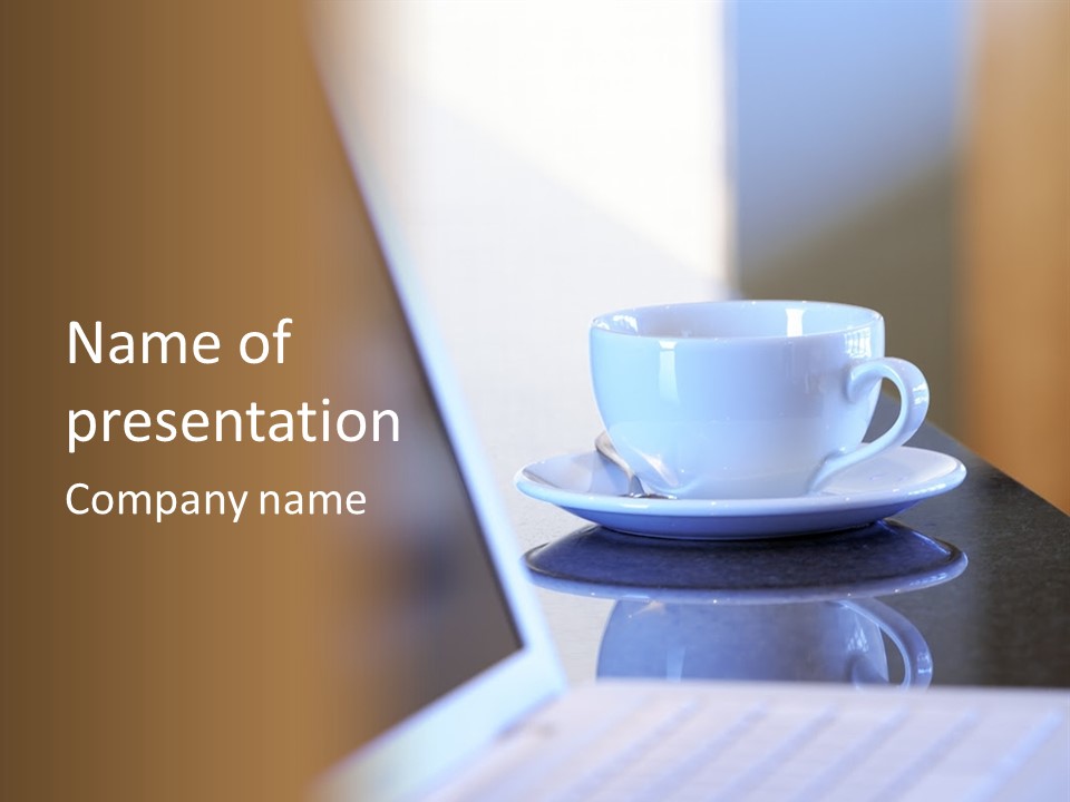 A Cup Of Coffee On A Table Next To A Laptop PowerPoint Template