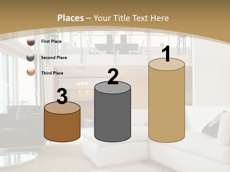 A Living Room With A White Couch And A Black Chair PowerPoint Template