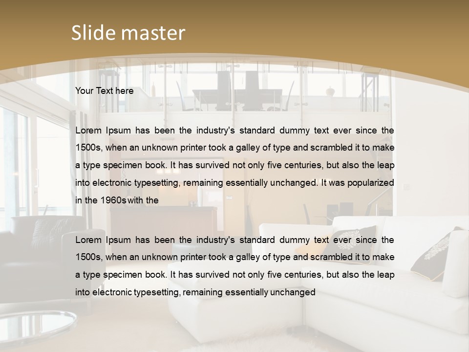 A Living Room With A White Couch And A Black Chair PowerPoint Template