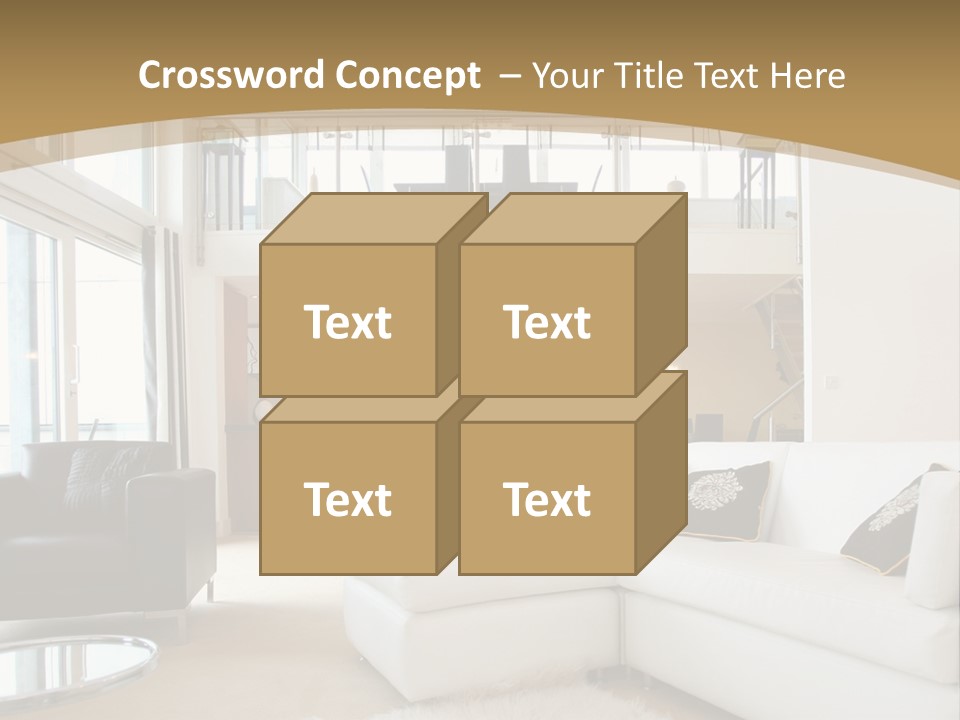 A Living Room With A White Couch And A Black Chair PowerPoint Template