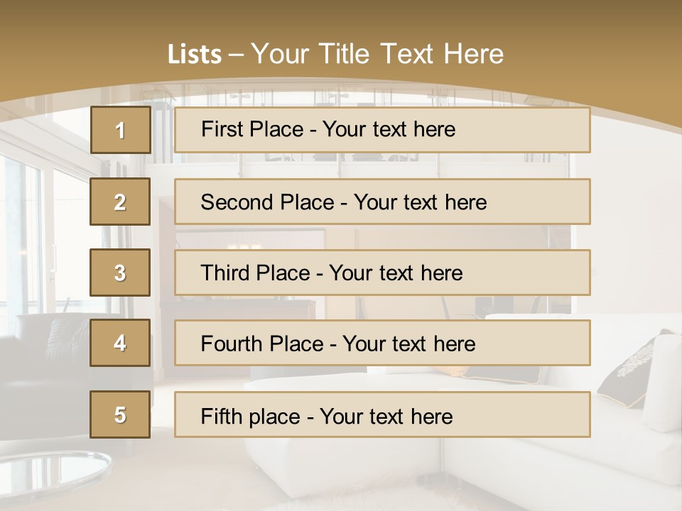 A Living Room With A White Couch And A Black Chair PowerPoint Template