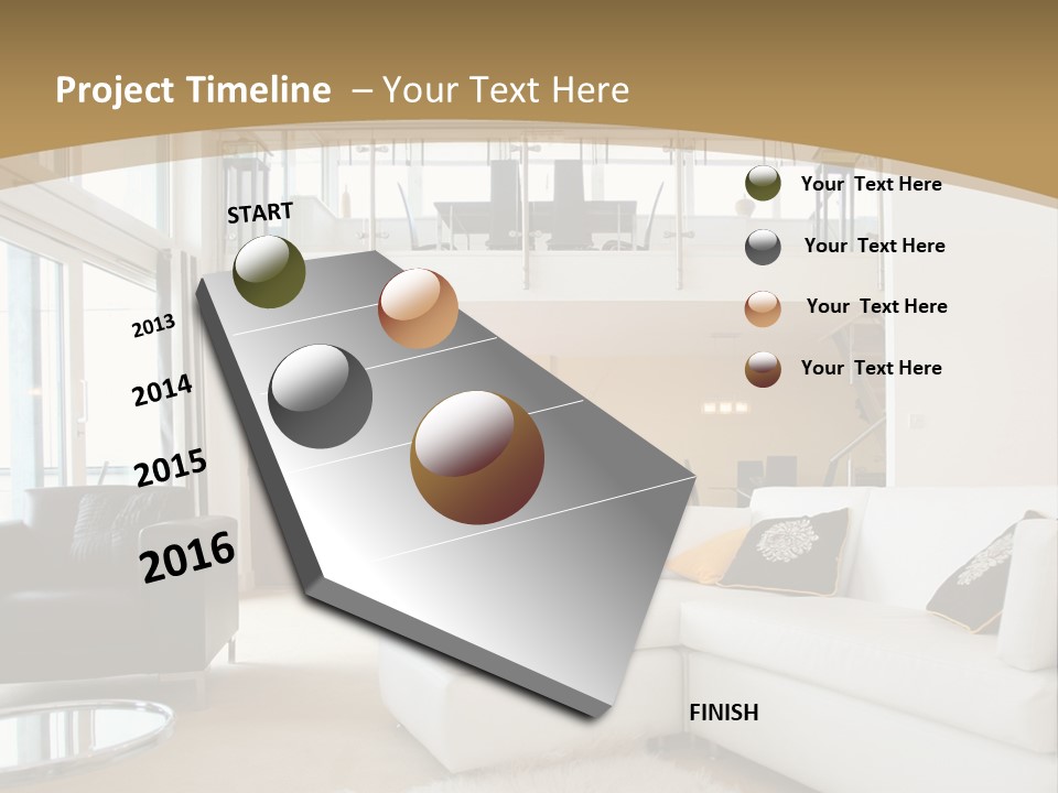 A Living Room With A White Couch And A Black Chair PowerPoint Template