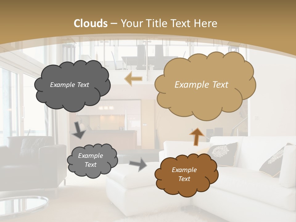 A Living Room With A White Couch And A Black Chair PowerPoint Template