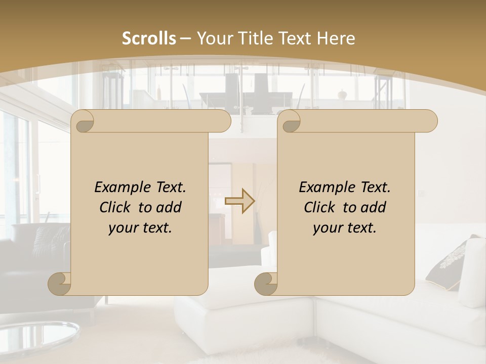 A Living Room With A White Couch And A Black Chair PowerPoint Template