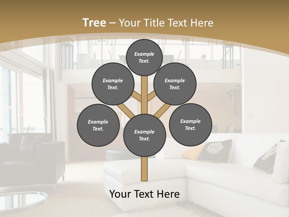 A Living Room With A White Couch And A Black Chair PowerPoint Template