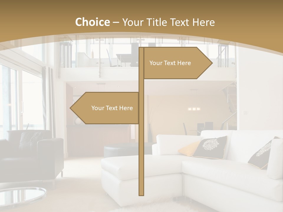 A Living Room With A White Couch And A Black Chair PowerPoint Template