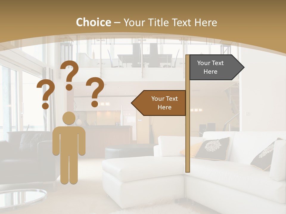 A Living Room With A White Couch And A Black Chair PowerPoint Template