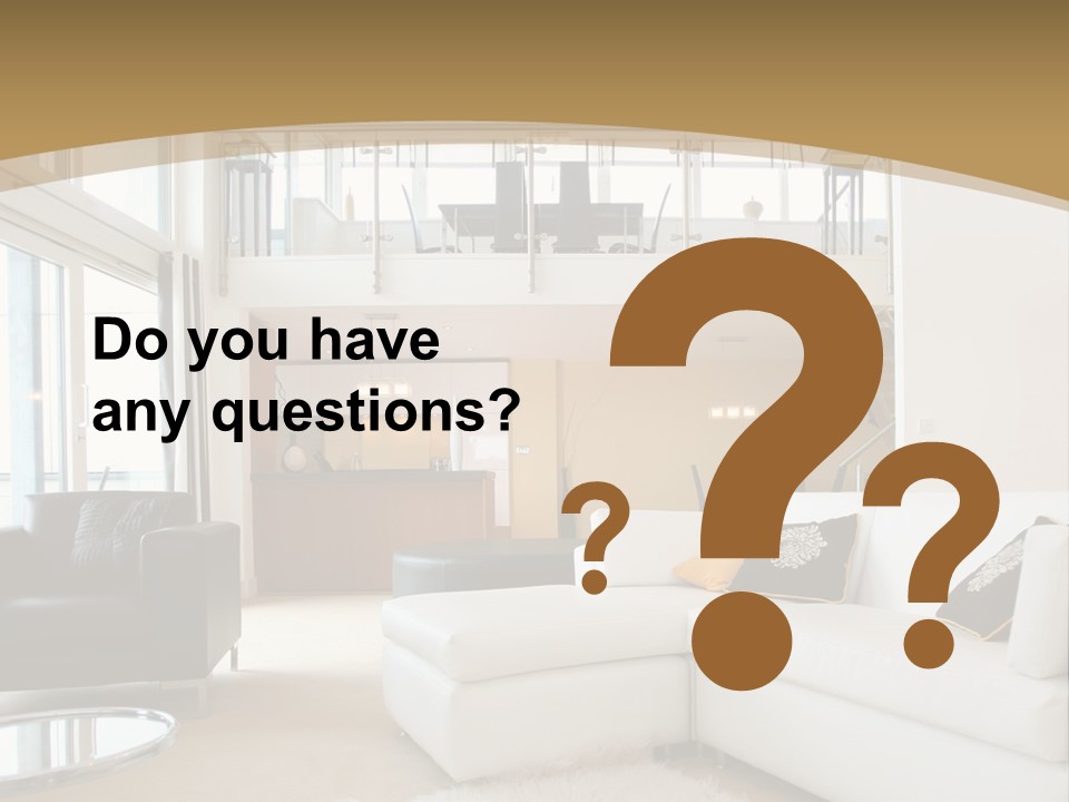 A Living Room With A White Couch And A Black Chair PowerPoint Template