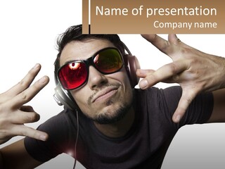 A Man With Headphones And Sunglasses Listening To Music PowerPoint Template