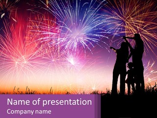 A Group Of People Standing Next To Each Other In Front Of Fireworks PowerPoint Template