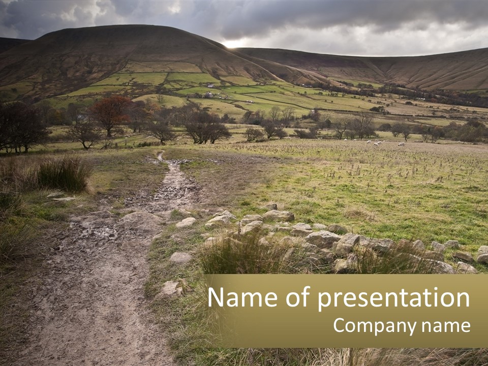 A Dirt Path In A Field With Mountains In The Background PowerPoint Template