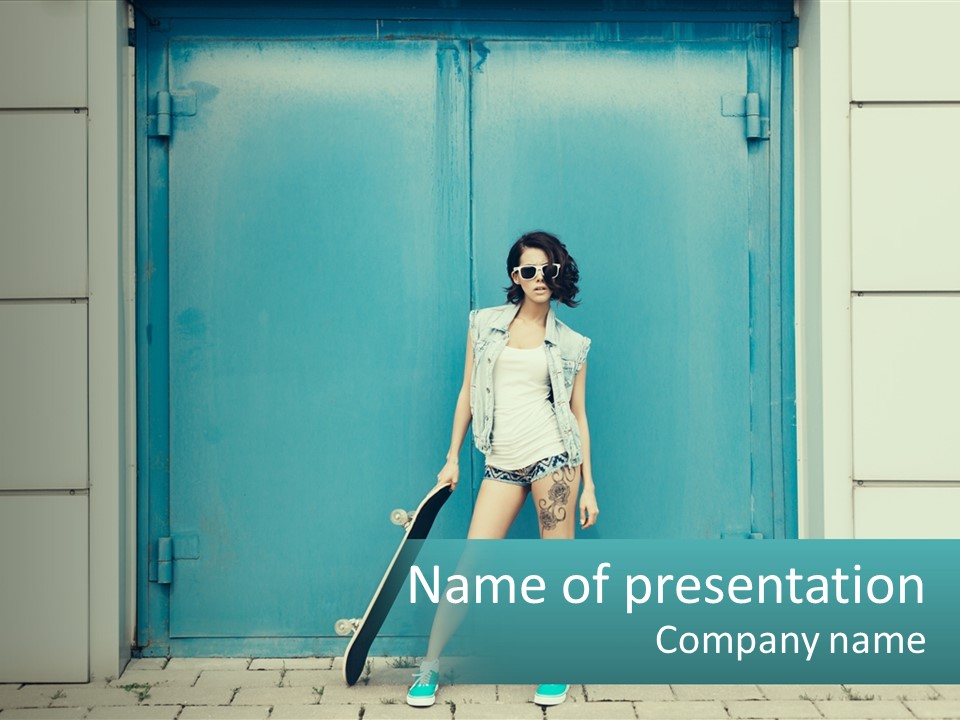 A Woman Holding A Skateboard In Front Of A Blue Door PowerPoint Template