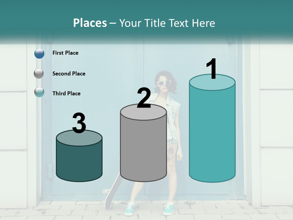 A Woman Holding A Skateboard In Front Of A Blue Door PowerPoint Template