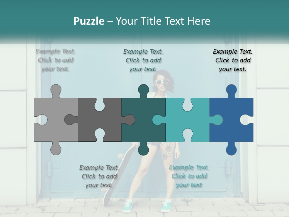 A Woman Holding A Skateboard In Front Of A Blue Door PowerPoint Template