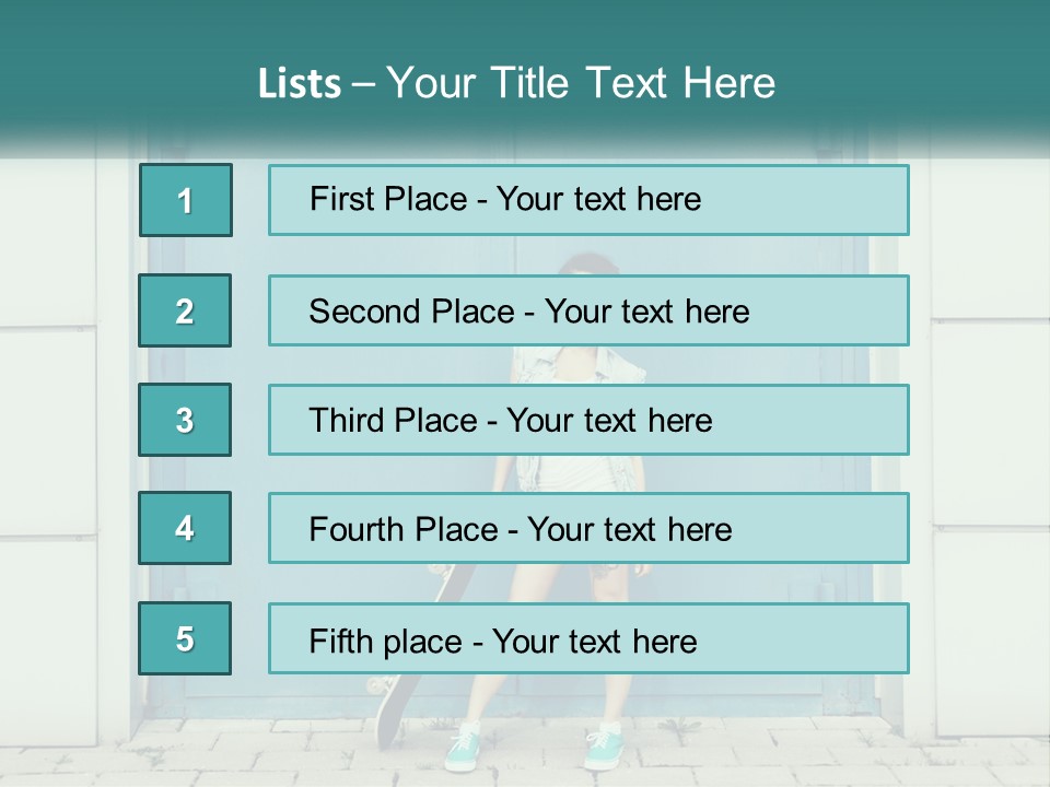 A Woman Holding A Skateboard In Front Of A Blue Door PowerPoint Template