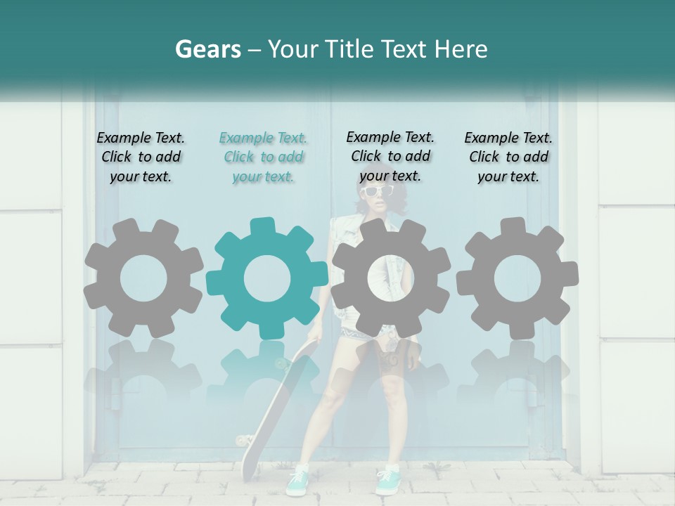 A Woman Holding A Skateboard In Front Of A Blue Door PowerPoint Template