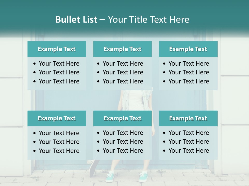 A Woman Holding A Skateboard In Front Of A Blue Door PowerPoint Template