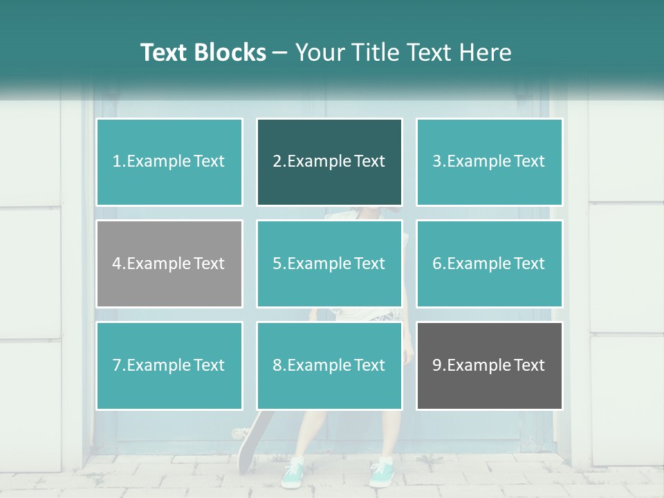 A Woman Holding A Skateboard In Front Of A Blue Door PowerPoint Template