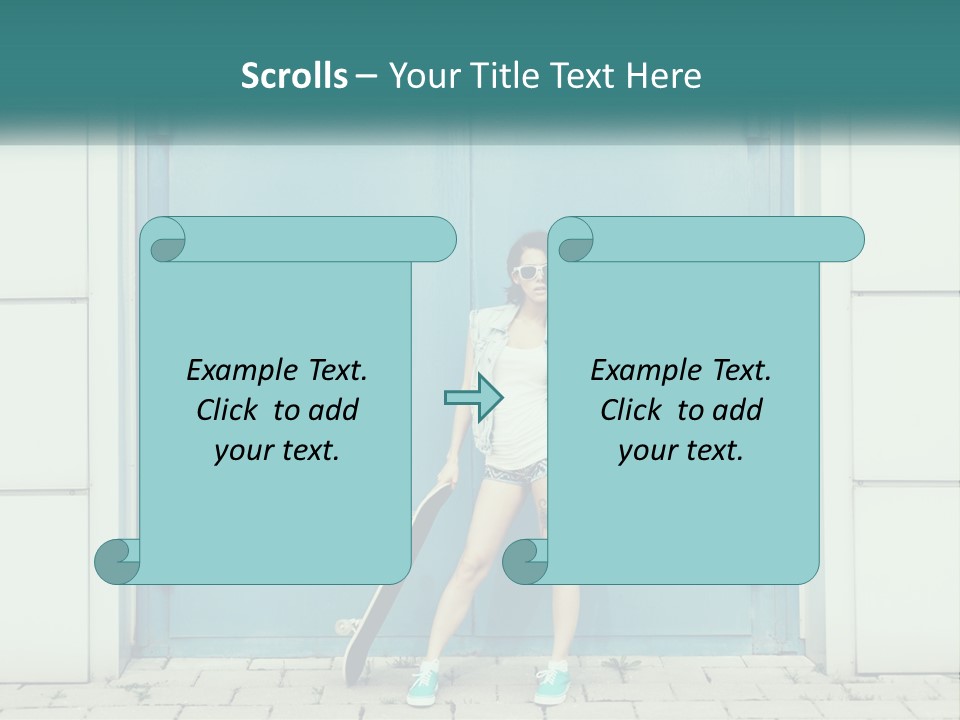 A Woman Holding A Skateboard In Front Of A Blue Door PowerPoint Template