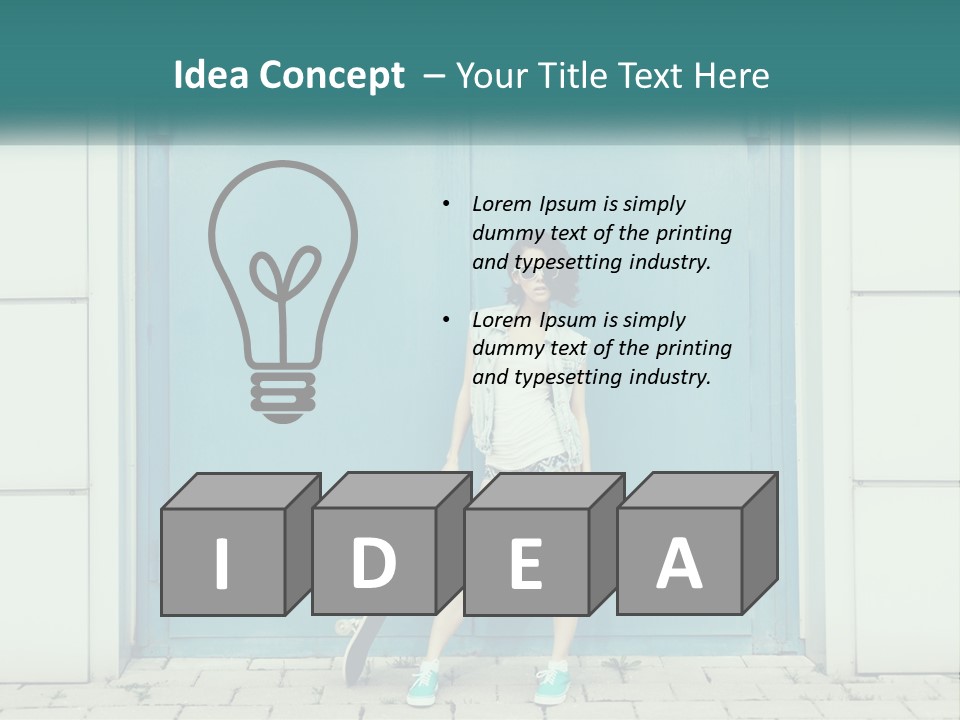 A Woman Holding A Skateboard In Front Of A Blue Door PowerPoint Template