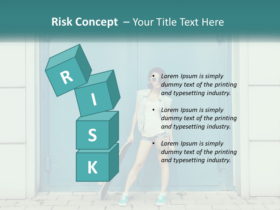 A Woman Holding A Skateboard In Front Of A Blue Door PowerPoint Template