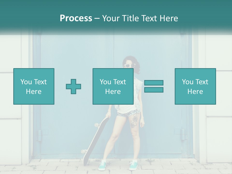 A Woman Holding A Skateboard In Front Of A Blue Door PowerPoint Template