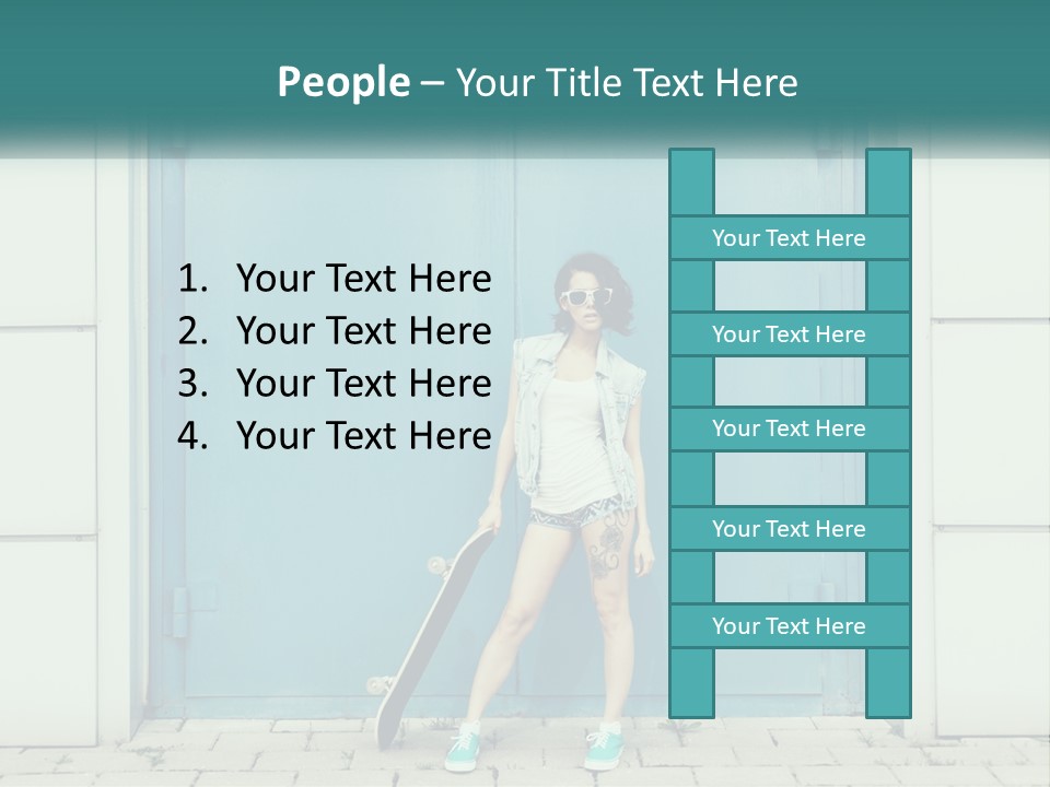 A Woman Holding A Skateboard In Front Of A Blue Door PowerPoint Template