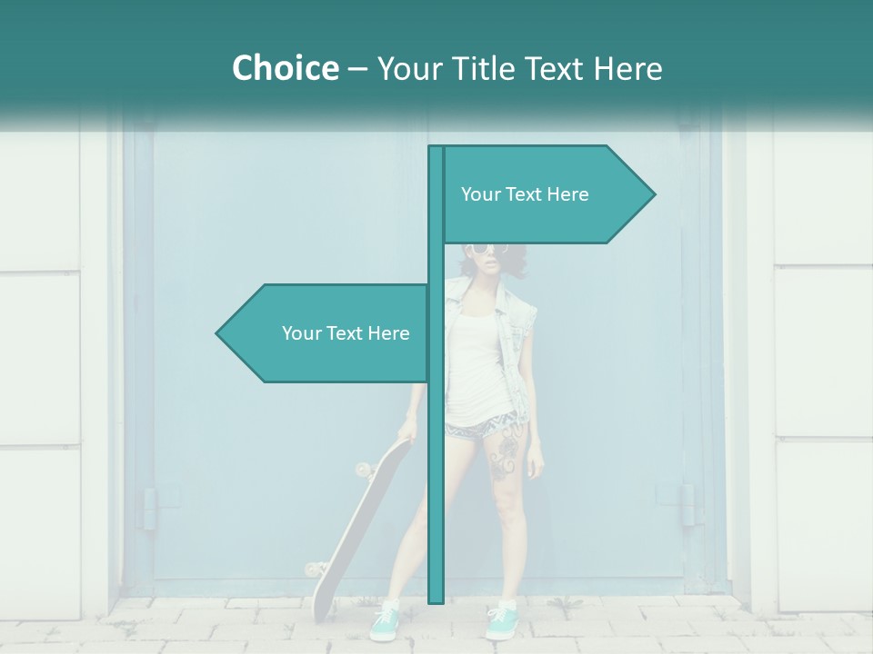 A Woman Holding A Skateboard In Front Of A Blue Door PowerPoint Template