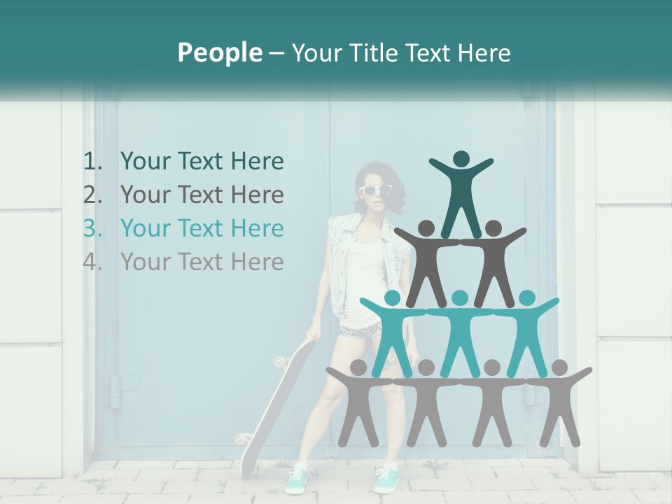 A Woman Holding A Skateboard In Front Of A Blue Door PowerPoint Template